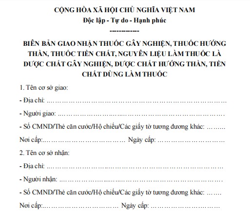 Mẫu biên bản ghi chép giao nhận thuốc, tiền chất dùng làm thuốc