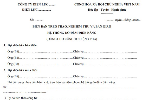 Mẫu biên bản treo tháo công tơ điện 3 pha