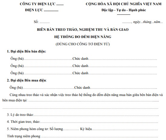 Mẫu biên bản treo tháo công tơ điện 3 pha