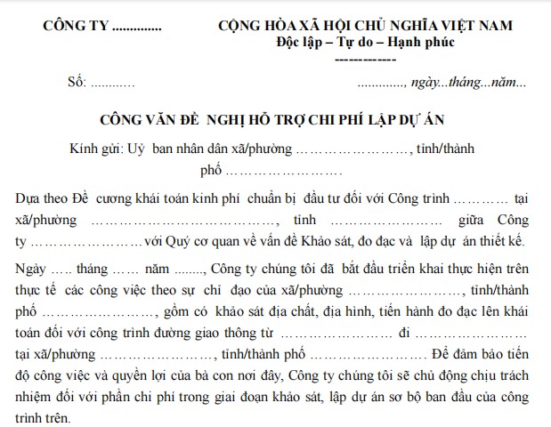 Mẫu công văn về việc đề nghị hỗ trợ chi phí lập dự án