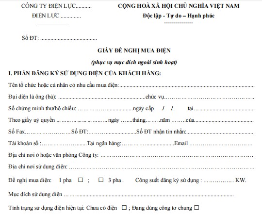 Mẫu giấy đề nghị mua điện phục vụ mục đích ngoài sinh hoạt