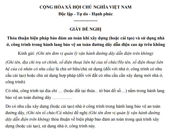 Mẫu giấy đề nghị về việc thỏa thuận biện pháp bảo đảm an toàn điện