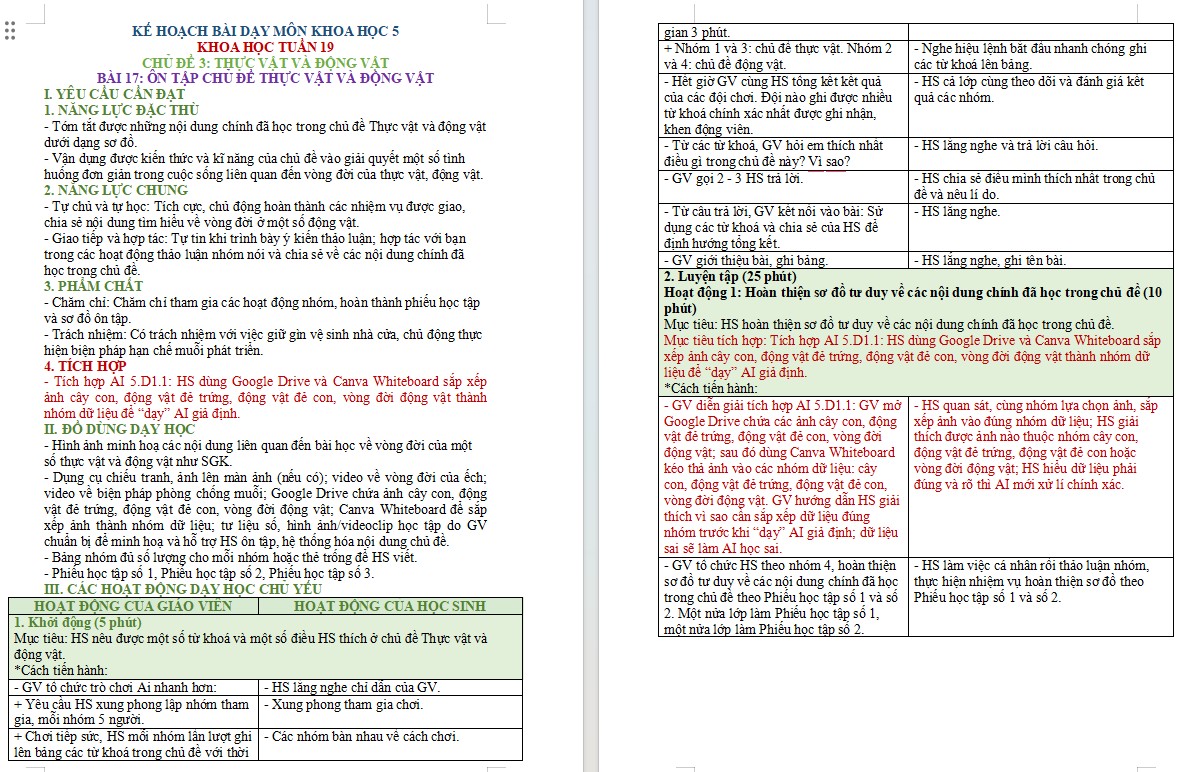 Kế hoạch bài dạy Khoa học 5 Bài 17 NLS, AI