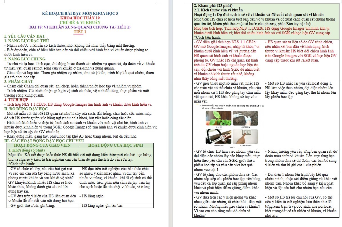 Kế hoạch bài dạy Khoa học 5 Bài 18 NLS, AI