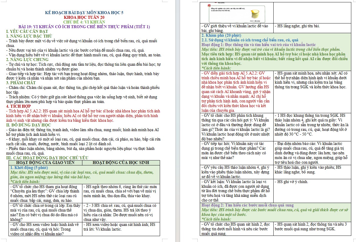 Kế hoạch bài dạy Khoa học 5 Bài 19 NLS, AI