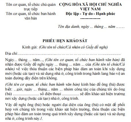 Mẫu phiếu hẹn khảo sát về việc an toàn điện