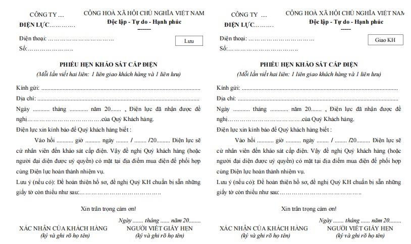 Mẫu phiếu hẹn khảo sát cấp điện sinh hoạt