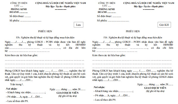 Mẫu phiếu hẹn về việc nghiệm thu kỹ thuật và ký hợp đồng mua bán điện