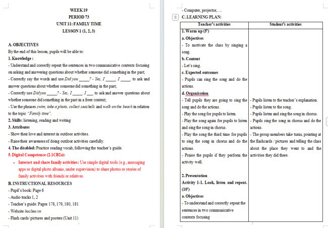 Giáo án tích hợp NLS Tiếng Anh 5 Unit 11: Lesson 1