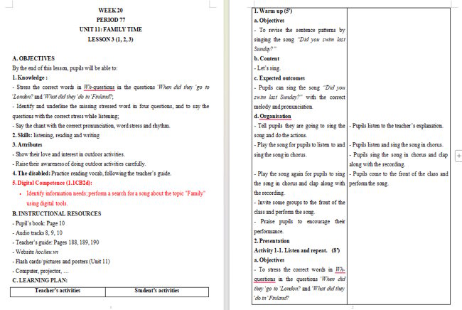 Giáo án tích hợp NLS Tiếng Anh 5 Unit 11: Lesson 3