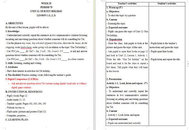 Giáo án tích hợp NLS Tiếng Anh 5 Unit 12: Lesson 1
