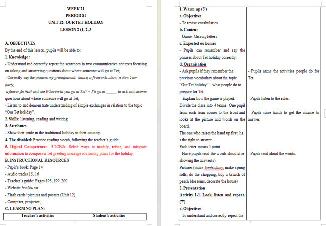 Giáo án tích hợp NLS Tiếng Anh 5 Unit 12: Lesson 2