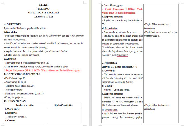 Giáo án tích hợp NLS Tiếng Anh 5 Unit 12: Lesson 3