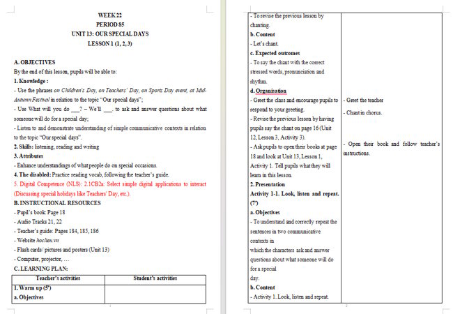 Giáo án tích hợp NLS Tiếng Anh 5 Unit 13: Lesson 1