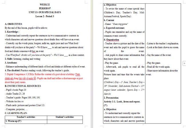 Giáo án tích hợp NLS Tiếng Anh 5 Unit 13: Lesson 2