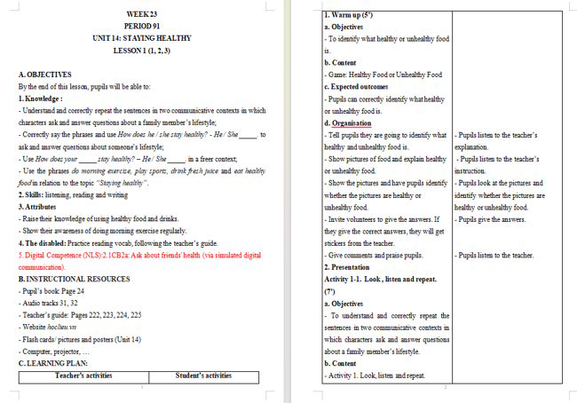 Giáo án tích hợp NLS Tiếng Anh 5 Unit 14: Lesson 1