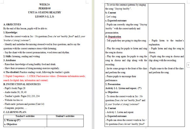 Giáo án tích hợp NLS Tiếng Anh 5 Unit 14: Lesson 3