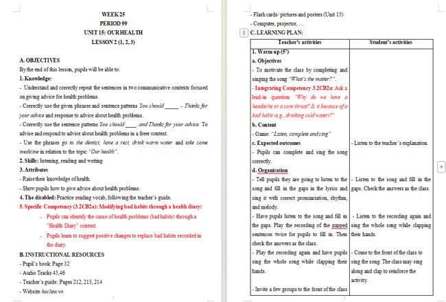Giáo án tích hợp NLS Tiếng Anh 5 Unit 15: Lesson 2