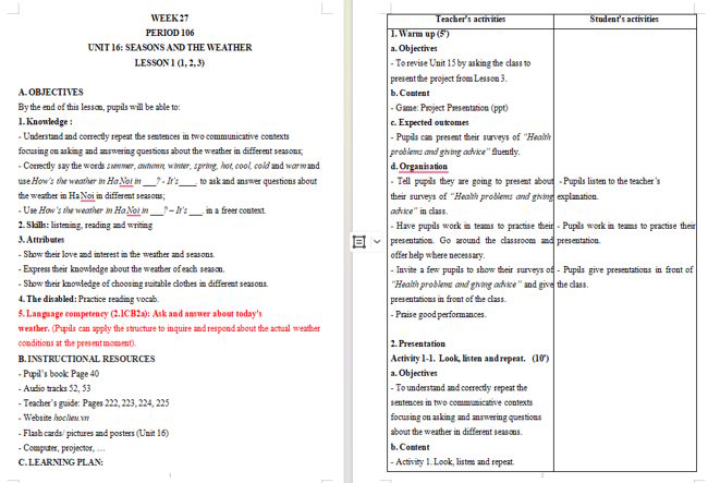 Giáo án tích hợp NLS Tiếng Anh 5 Unit 16: Lesson 1