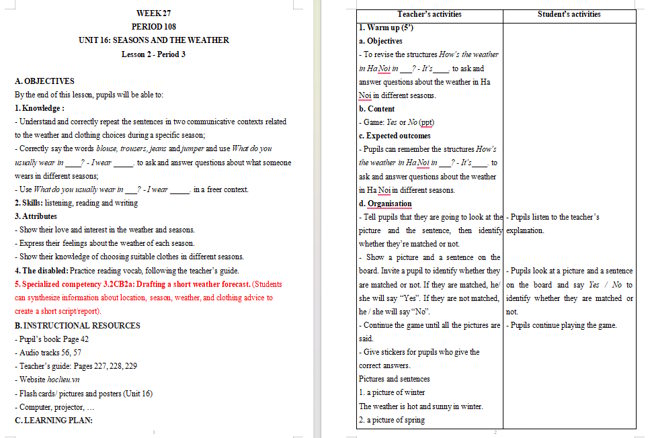 Giáo án tích hợp NLS Tiếng Anh 5 Unit 16: Lesson 2