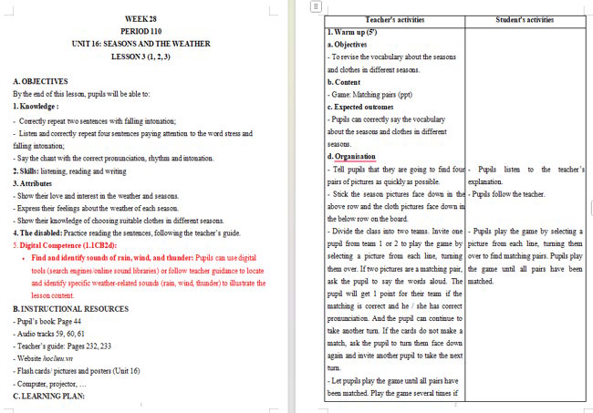 Giáo án tích hợp NLS Tiếng Anh 5 Unit 16: Lesson 3
