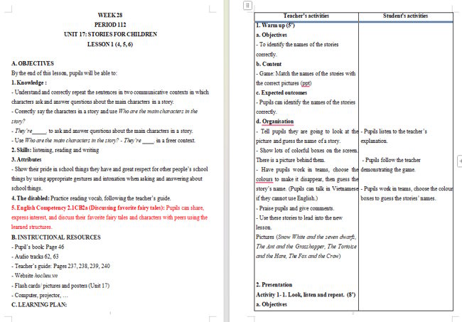 Giáo án tích hợp NLS Tiếng Anh 5 Unit 17: Lesson 1