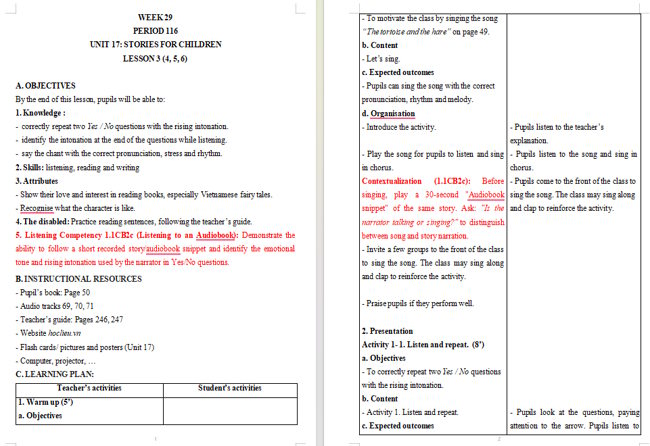Giáo án tích hợp NLS Tiếng Anh 5 Unit 17: Lesson 3