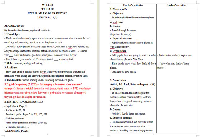 Giáo án tích hợp NLS Tiếng Anh 5 Unit 18: Lesson 1
