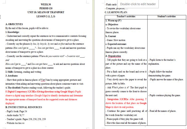 Giáo án tích hợp NLS Tiếng Anh 5 Unit 18: Lesson 2
