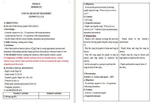 Giáo án tích hợp NLS Tiếng Anh 5 Unit 18: Lesson 3