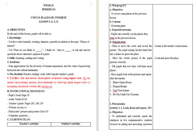 Giáo án tích hợp NLS Tiếng Anh 5 Unit 19: Lesson 1