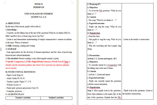 Giáo án tích hợp NLS Tiếng Anh 5 Unit 19: Lesson 3