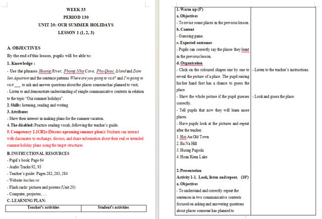 Giáo án tích hợp NLS Tiếng Anh 5 Unit 20: Lesson 1