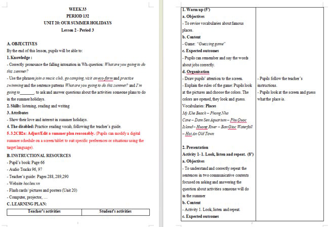 Giáo án tích hợp NLS Tiếng Anh 5 Unit 20: Lesson 2