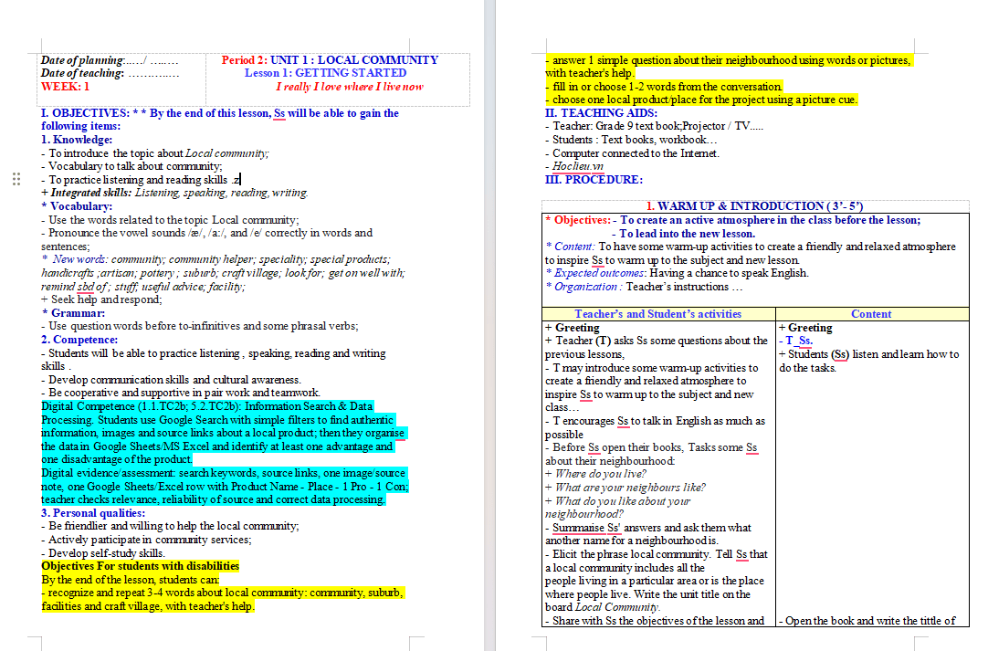 Giáo án tích hợp NLS Tiếng Anh 9 Unit 1: Getting Started