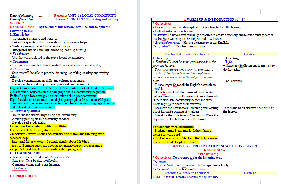 Giáo án tích hợp NLS Tiếng Anh 9 Unit 1: Skills 2