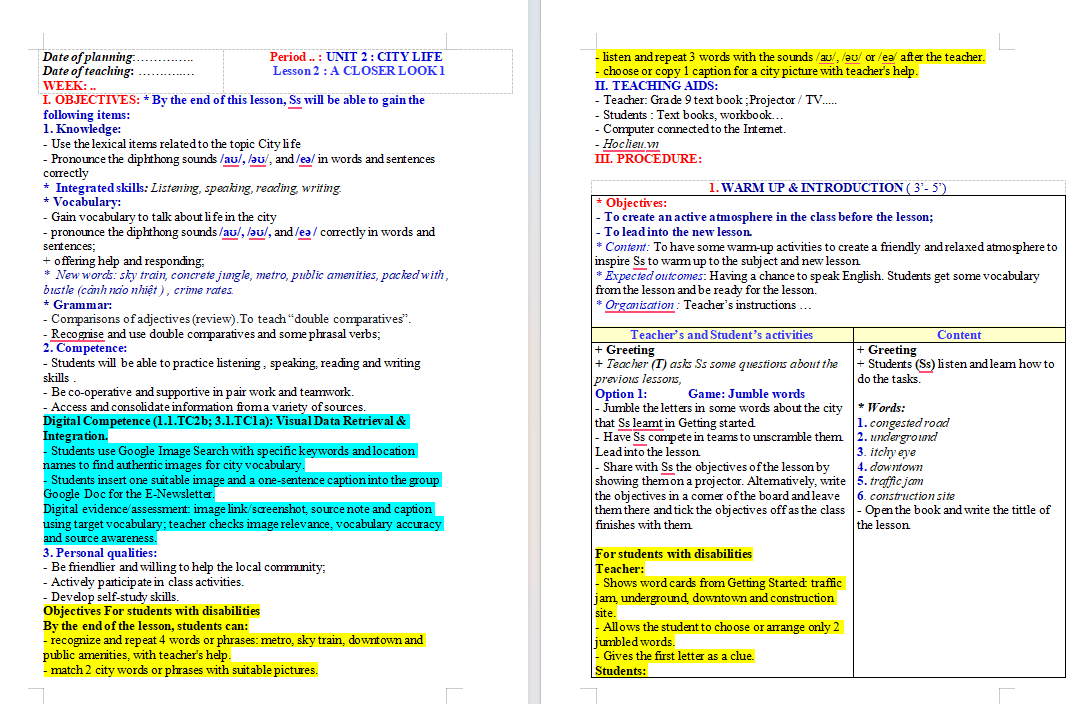 Giáo án tích hợp NLS Tiếng Anh 9 Unit 2: A Closer Look 1