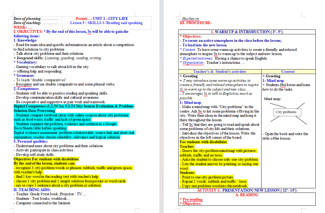 Giáo án tích hợp NLS Tiếng Anh 9 Unit 2: Skills 1