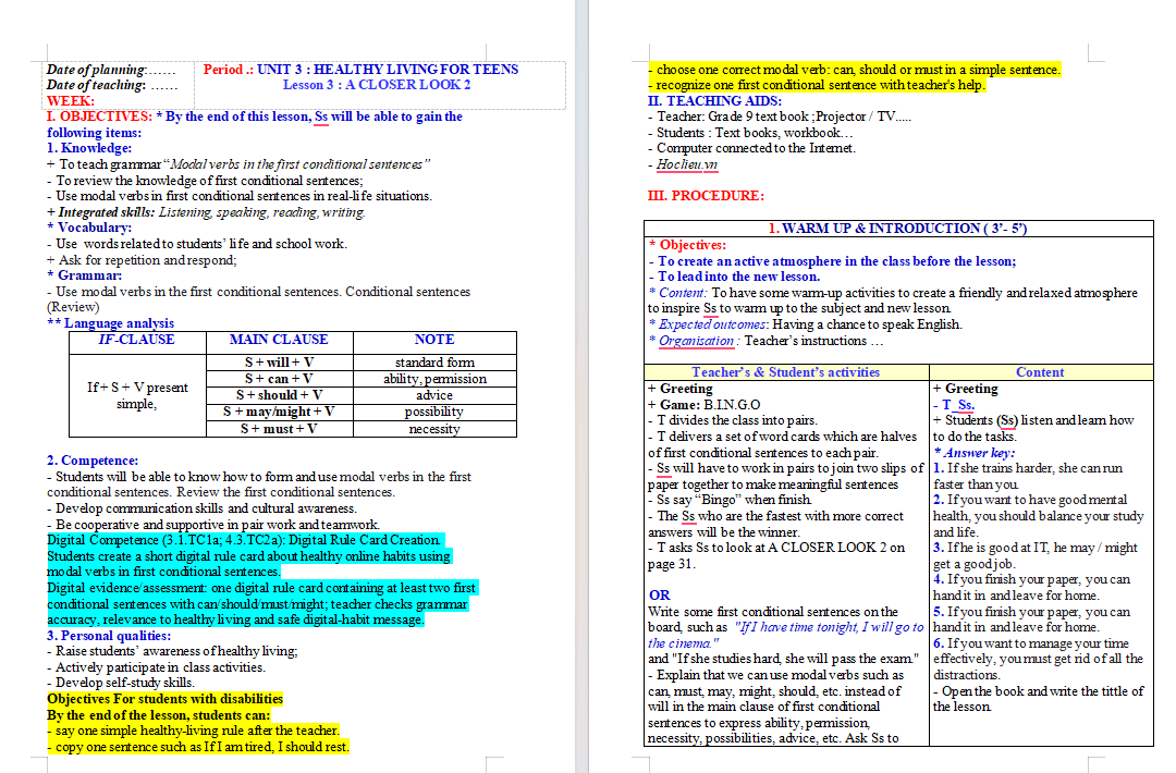 Giáo án tích hợp NLS Tiếng Anh 9 Unit 3: A Closer Look 2