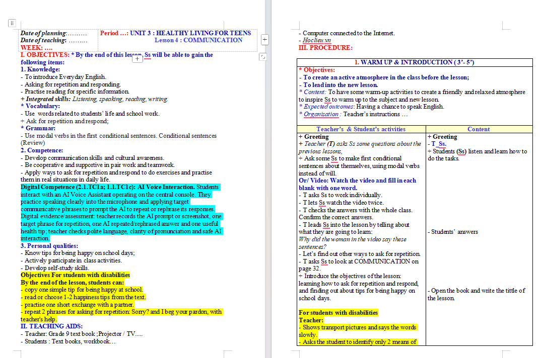 Giáo án tích hợp NLS Tiếng Anh 9 Unit 3: Communication