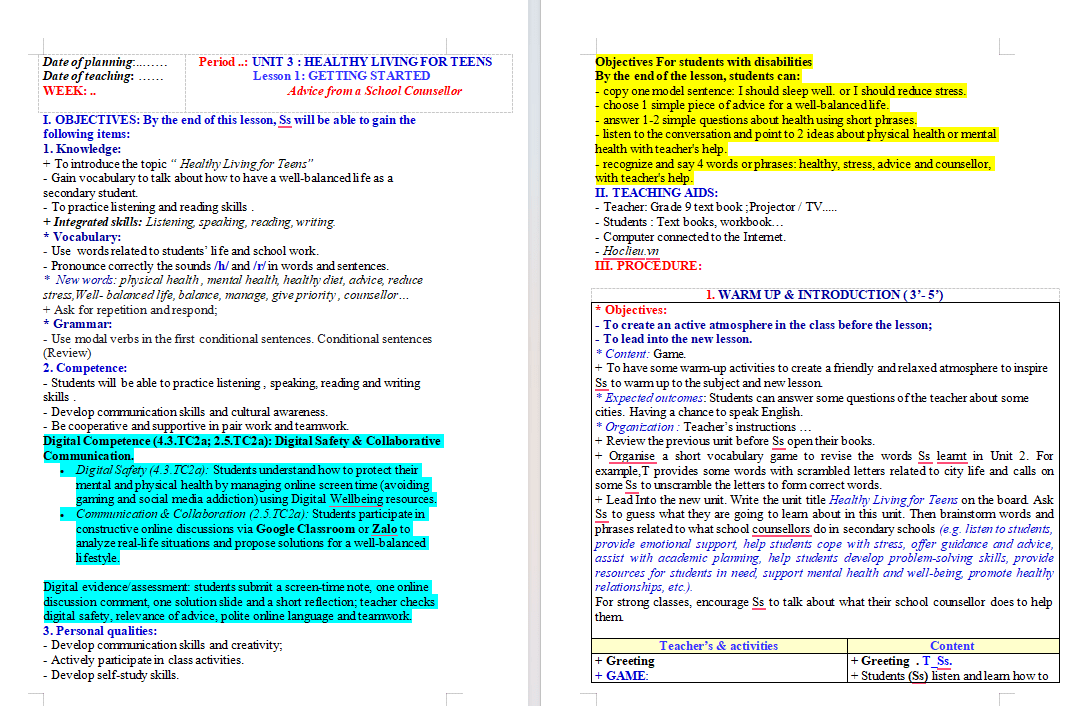Giáo án tích hợp NLS Tiếng Anh 9 Unit 3: Getting Started