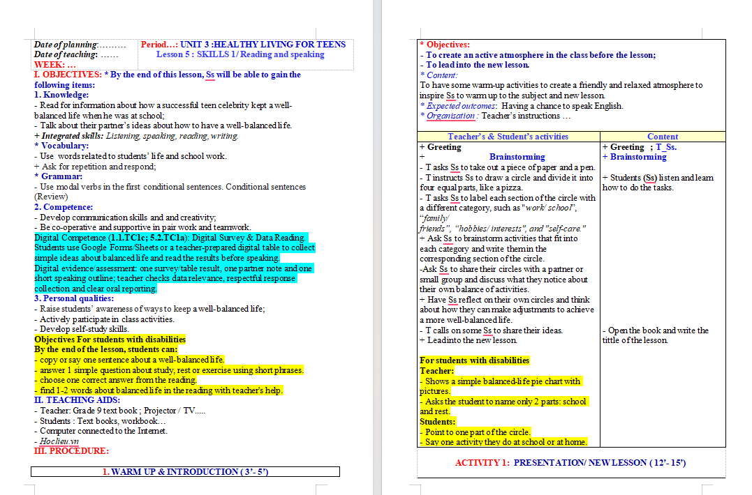 Giáo án tích hợp NLS Tiếng Anh 9 Unit 3: Skills 1