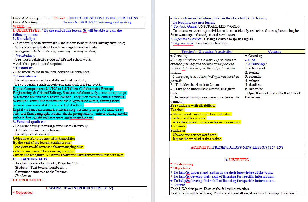 Giáo án tích hợp NLS Tiếng Anh 9 Unit 3: Skills 2