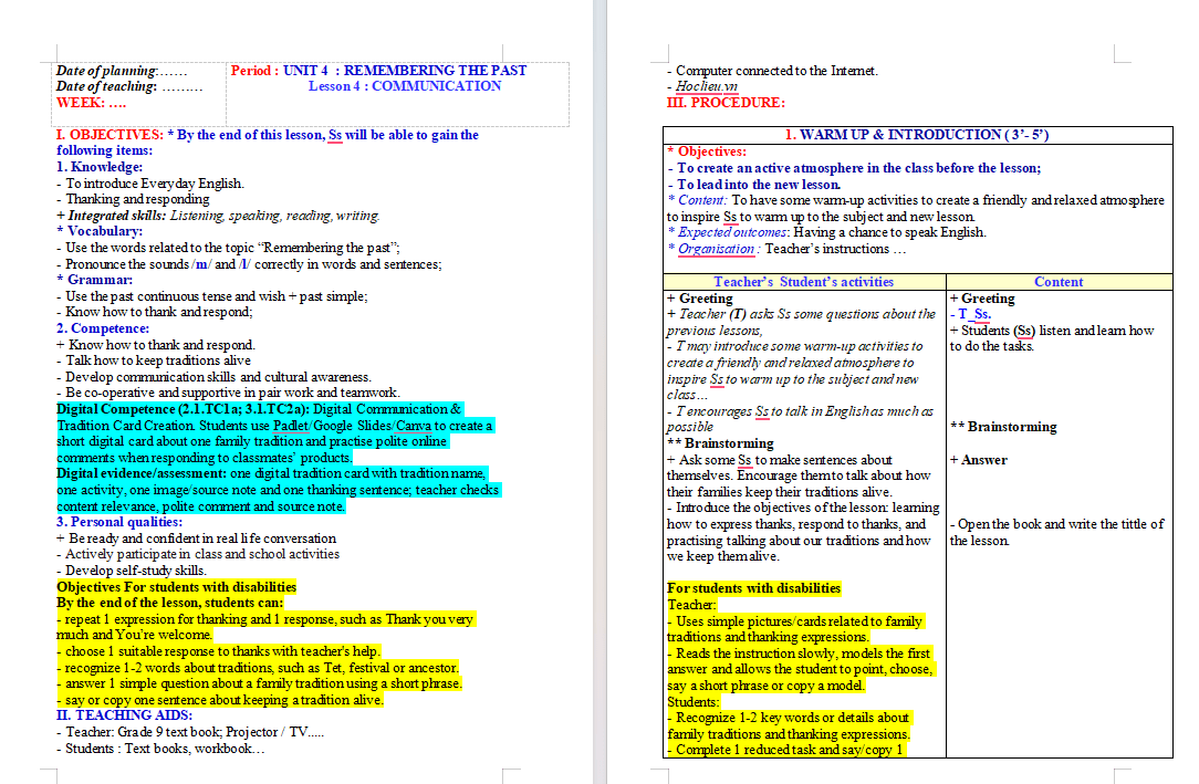 Giáo án tích hợp NLS Tiếng Anh 9 Unit 4: Skills 1