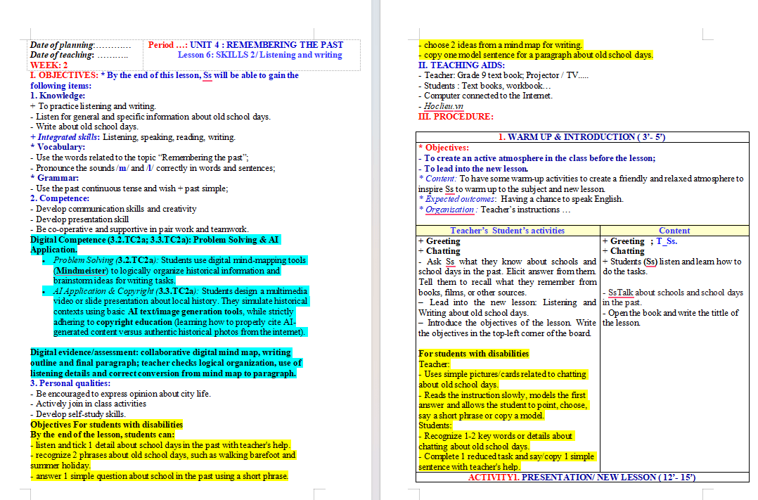 Giáo án tích hợp NLS Tiếng Anh 9 Unit 4: Skills 2