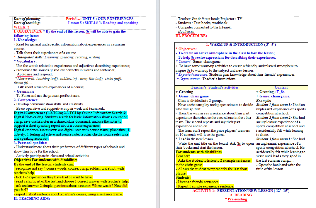 Giáo án tích hợp NLS Tiếng Anh 9 Unit 5: Skills 1