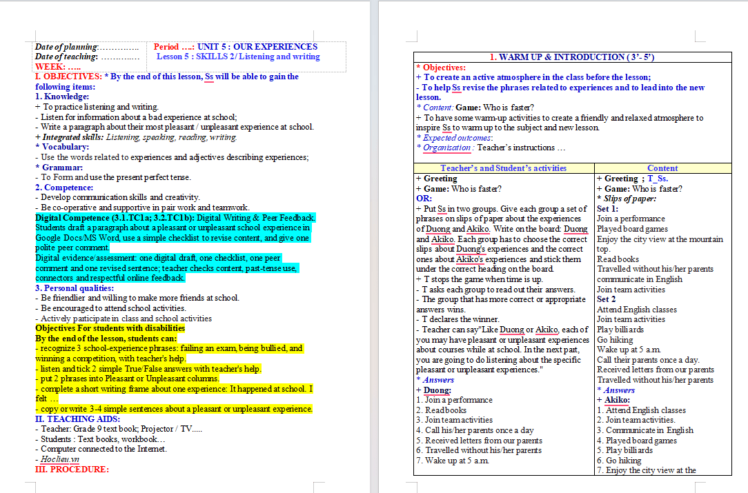 Giáo án tích hợp NLS Tiếng Anh 9 Unit 5: Skills 2