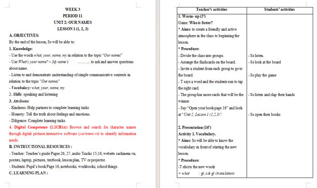 Giáo án tích hợp NLS Tiếng Anh 3 Unit 2: Lesson 1