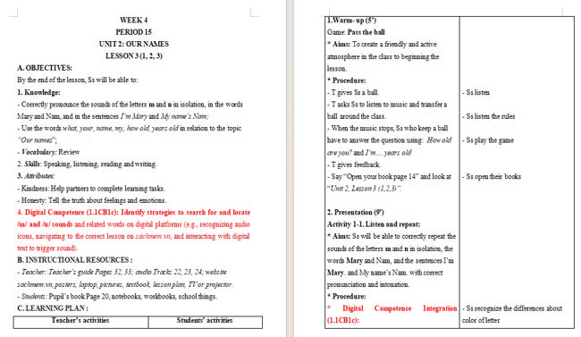 Giáo án tích hợp NLS Tiếng Anh 3 Unit 2: Lesson 3