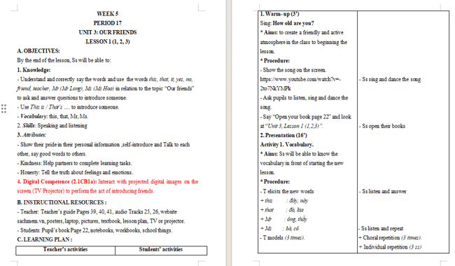 Giáo án tích hợp NLS Tiếng Anh 3 Unit 3: Lesson 1